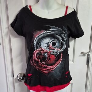 Women’s Black Short-Sleeve Graphic Tee with Red & Gray Dragons Design & Red Tank